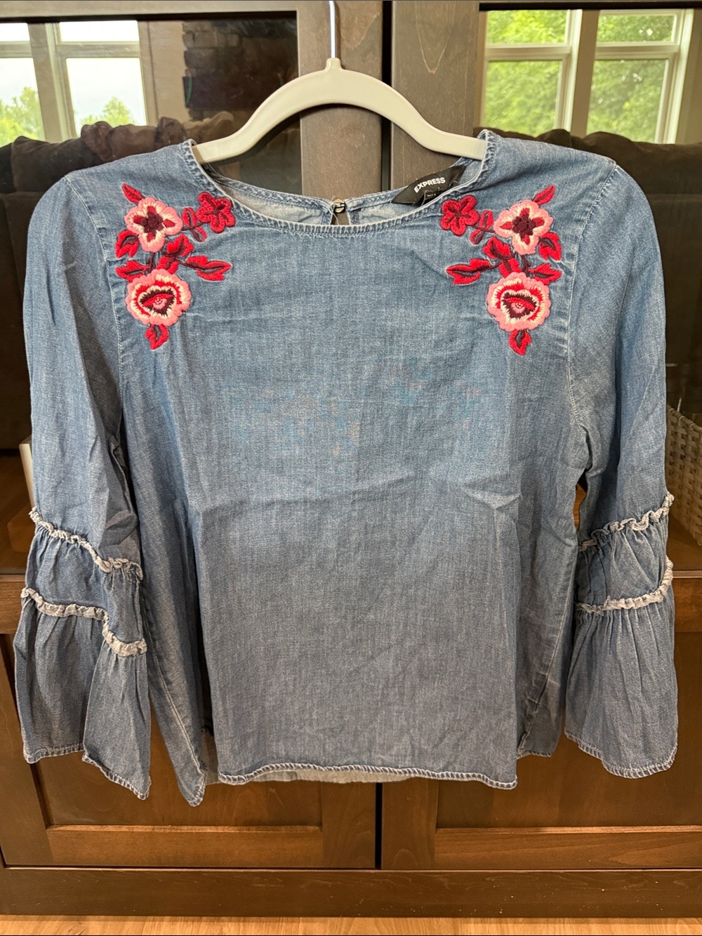 Express Chambray Top with Pink & Red Floral Embroidery